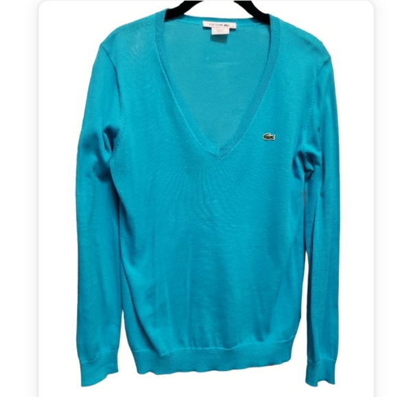 Lacoste Sweater Vneck Turquoise Sweater Sz 38 - Picture 1 of 3